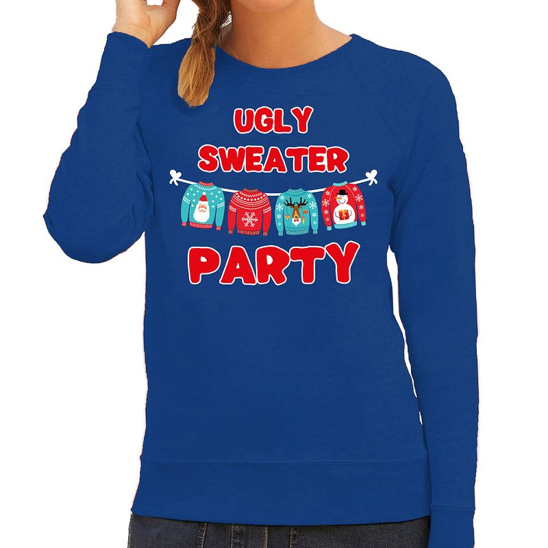 Foto van Blauwe kersttrui / kerstkleding ugly sweater party voor dames s - kerst truien