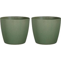 Foto van Set van 2x stuks plantenpot/bloempot kunststof donkergroen ribbels patroon - d26/h26 cm - plantenpotten