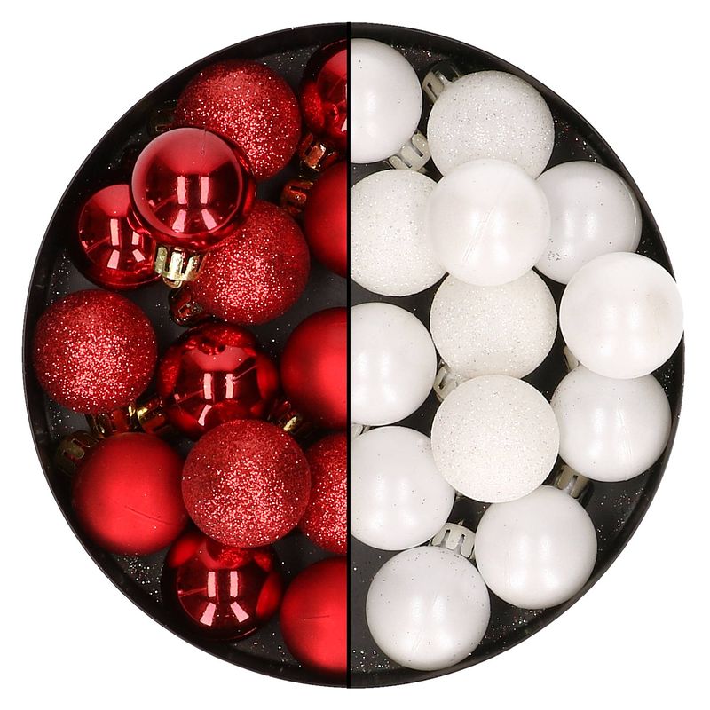 Foto van 28x stuks kleine kunststof kerstballen wit en rood 3 cm - kerstbal