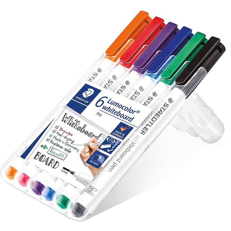 Foto van Staedtler whiteboard pen lumocolor pen, opstelbare box met 6 stuks in geassorteerde kleuren