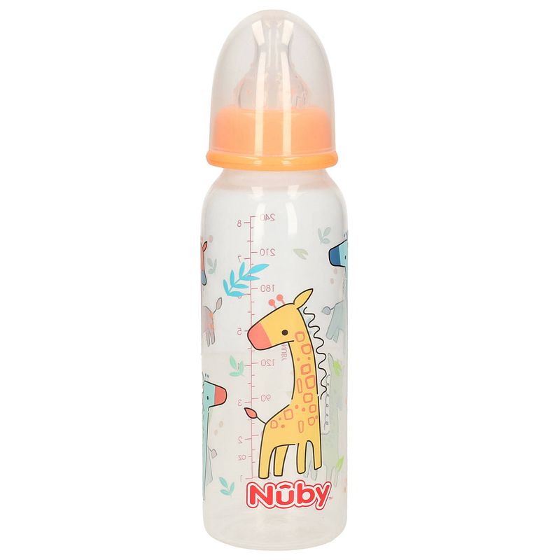 Foto van Nuby baby drinkfles - 1x- oranje - 240 ml - giraffe - baby drinkflessen