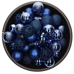 Foto van 37x stuks kunststof kerstballen kobalt blauw 6 cm inclusief zilveren kerstboomhaakjes - kerstbal