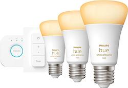 Foto van Philips hue white ambiance starter pack e27 met 3 lampen, dimmer + bridge
