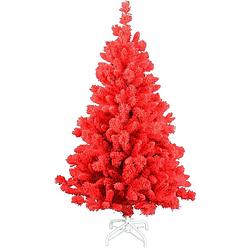 Foto van Teddy red kunstkerstboom - 150 cm - rood - ø 82 cm - 422 tips - met rode sneeuw - metalen voet