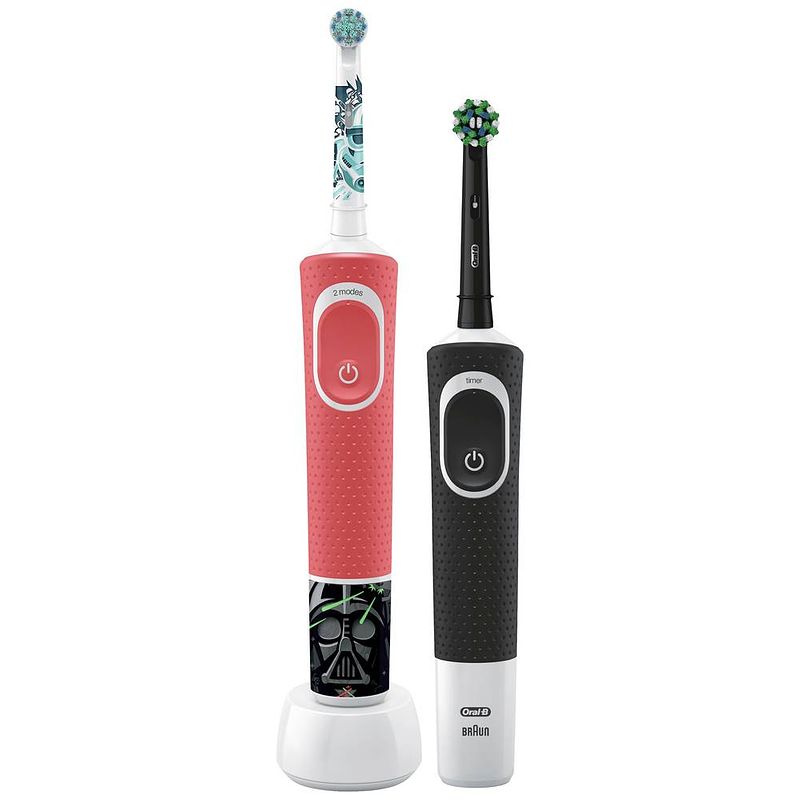 Foto van Oral-b d103 black + d100 star wars d103.413.3-d100.410.2k elektrische kindertandenborstel roterend / oscillerend rood/wit, zwart/wit