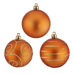 Foto van 30x stuks gedecoreerde kerstballen oranje kunststof 6 cm - kerstbal
