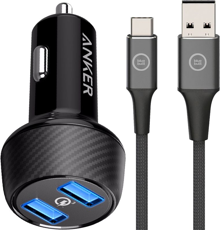 Foto van Anker quick charge autolader met 2 usb poorten 18w + usb c kabel 1,5m nylon zwart