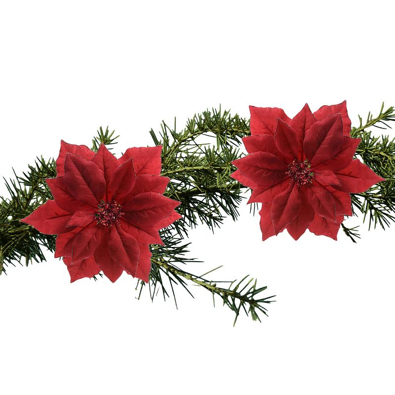 Foto van 2x stuks kerstboom decoratie bloemen rood glitter op clip 24 cm - kunstbloemen