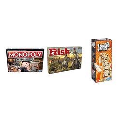 Foto van Spellenbundel - bordspellen - 3 stuks - monopoly valsspelerseditie & risk & jenga