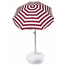 Foto van Rood gestreepte strand/tuin basic parasol van nylon 180 cm + parasolvoet wit - parasols