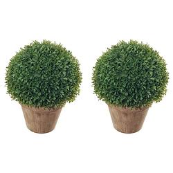 Foto van 2x stuks groene buxusbol kunstplant in bruine kunststof pot 35 cm - sempervirens - woondecoratie