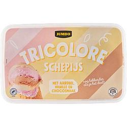 Foto van Jumbo tricolore schepijs met aardbei, vanille en chocosmaak 1250g