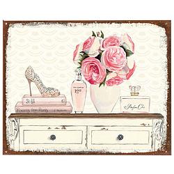 Foto van Clayre & eef tekstbord 25x20 cm beige roze ijzer bloemen wandbord spreuk wandplaat beige wandbord spreuk