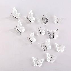 Foto van Cake topper decoratie vlinders of muur decoratie met plakkers 12 stuks zilver - 3d vlinders - vl-01