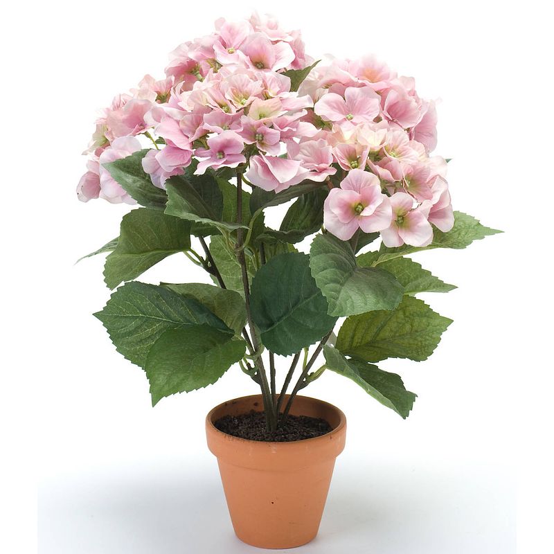 Foto van Roze hortensia hydrangea macrophylla kunstplant in kunststof pot 40 cm - kunstplanten