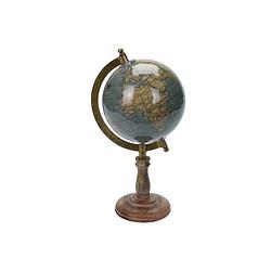 Foto van Decoratie wereldbol/globe blauw op mangohouten voet 13 x 28 cm - wereldbollen
