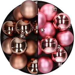 Foto van Kunststof kerstballen 6 cm - 24x stuks - bruin en roze - kerstbal