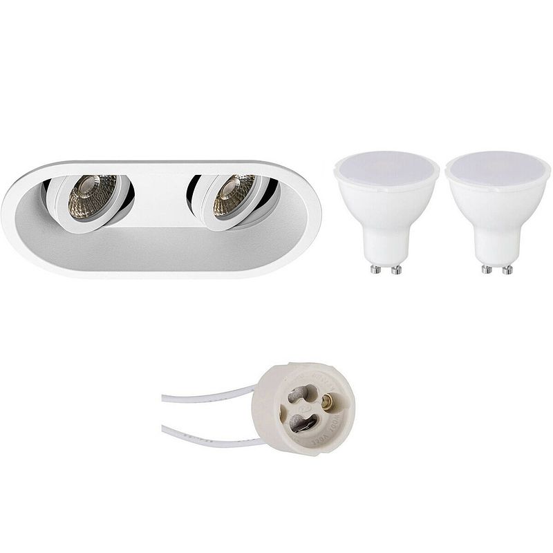 Foto van Led spot set - pragmi zano pro - gu10 fitting - dimbaar - inbouw ovaal dubbel - mat wit - 6w - helder/koud wit 6400k -