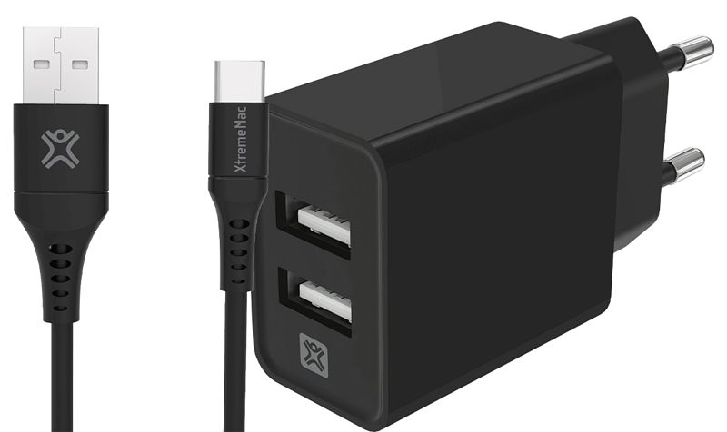 Foto van Xtrememac oplader met 2 usb a poorten 12w + usb c kabel 1m kunststof zwart