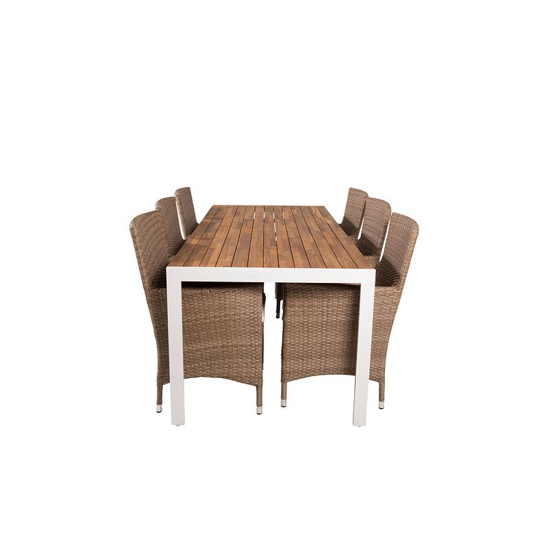 Foto van Bois tuinmeubelset tafel 90x205cm en 6 stoel malin naturel, wit.