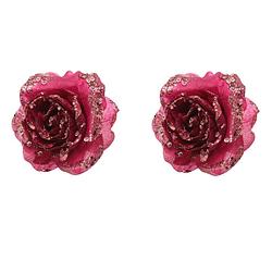 Foto van 2x stuks decoratie bloemen roos framboos roze (magnolia) glitter op clip 14 cm - kersthangers