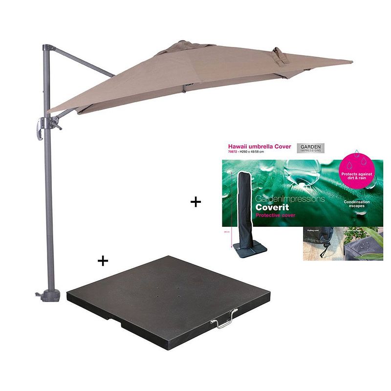 Foto van Garden impressions hawaii zweefparasol s 250x250 - donker grijs/taupe met 80 kg parasolvoet en parasolhoes