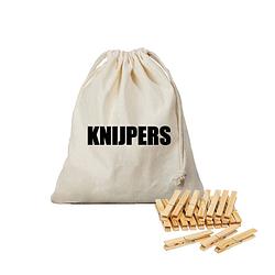 Foto van Canvas knijperzak/ opbergzakje knijpers wit/ offwhite met koord 25 x 30 cm en 120 houten wasknijpers - knijperszakken