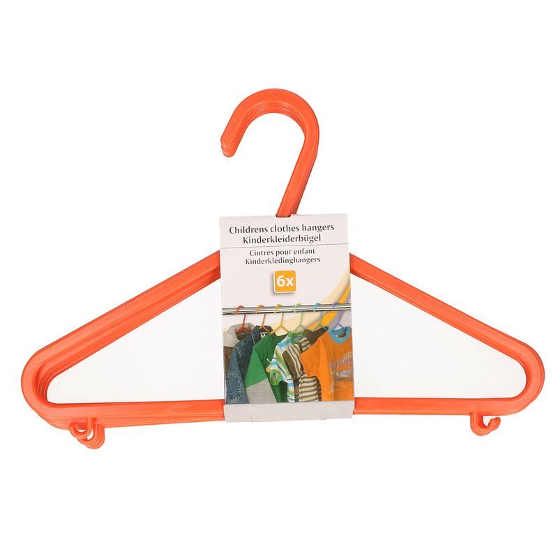 Foto van Plastic kinderkleding / baby kledinghangers oranje 6x stuks 17 x 28 cm - kledinghangers