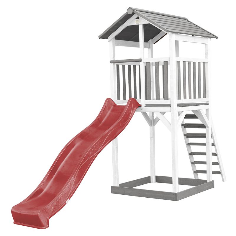 Foto van Axi beach tower speeltoestel van hout in grijs en wit speeltoren met zandbak, en rode glijbaan