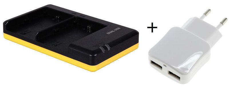 Foto van Duo lader voor 2 camera accu's canon lp-e6 + handige 2 poorts usb 230v adapter