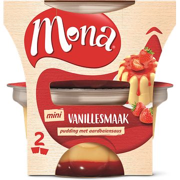 Foto van Mona mini vanillesmaak pudding met aardbeiensaus 2 x 135ml bij jumbo