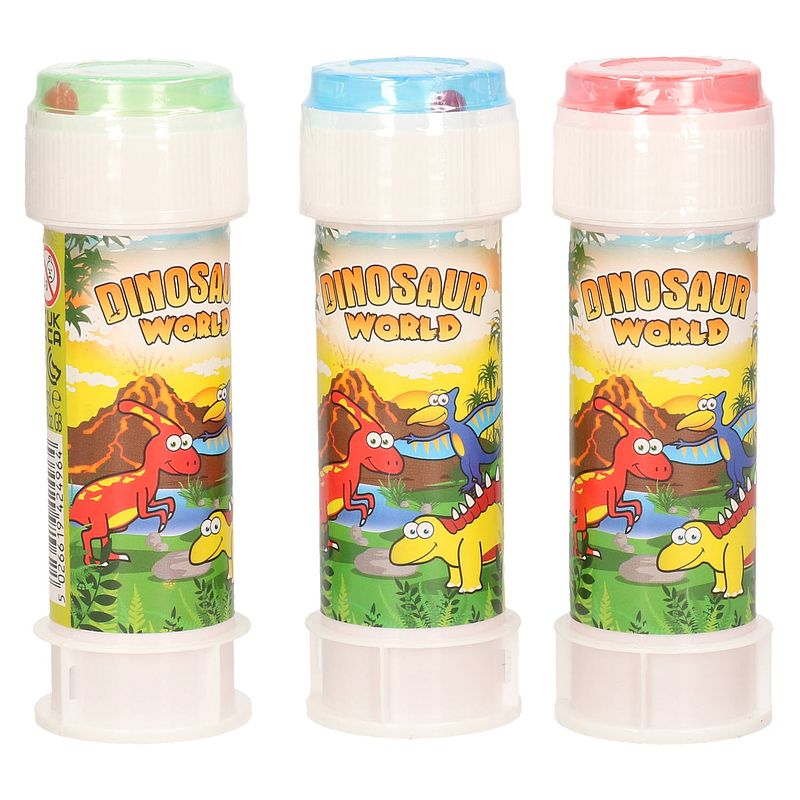 Foto van 3x dinosaurus bellenblaas flesjes met bal spelletje in dop 60 ml voor kinderen - bellenblaas