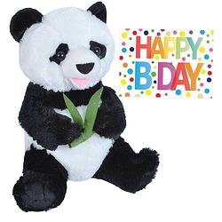 Foto van Pluche knuffel panda beer 25 cm met a5-size happy birthday wenskaart - knuffelberen