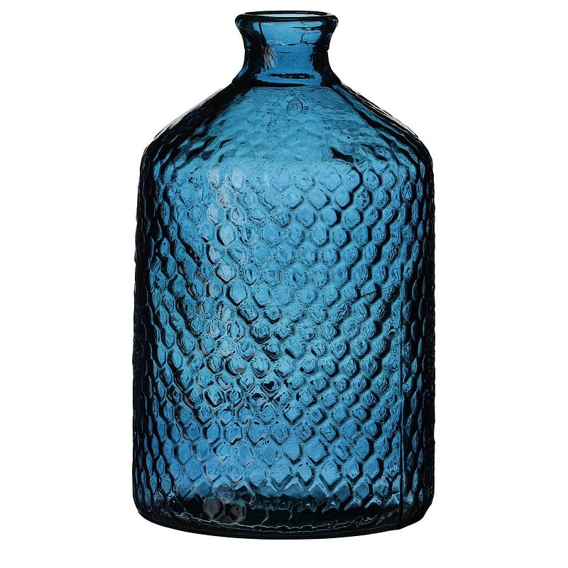 Foto van Natural living bloemenvaas scubs bottle - blauw geschubt transparant - glas - d18 x h31 cm - vazen