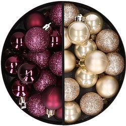 Foto van 34x stuks kunststof kerstballen aubergine paars en champagne 3 cm - kerstbal