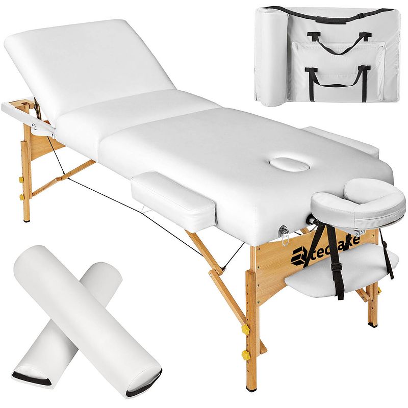 Foto van Tectake® - 3 zones massagetafel somwang 7,5cm matras en houten frame, incl. rolkussens- wit - 404942