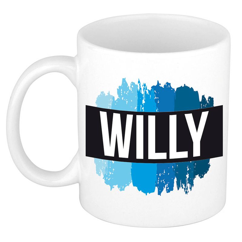 Foto van Naam cadeau mok / beker willy met blauwe verfstrepen 300 ml - naam mokken