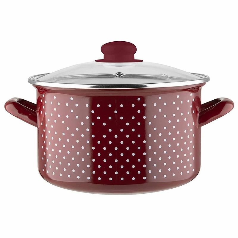 Foto van Emalia retro red klassieke geëmailleerde kookpan met glazen deksel 16 cm 2.1l rood / wit