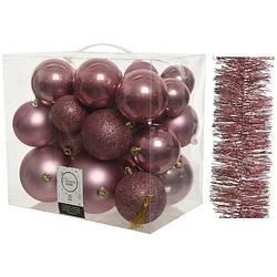 Foto van Kerstversiering kunststof kerstballen 6-8-10 cm met folieslingers pakket oud roze van 28x stuks - kerstbal