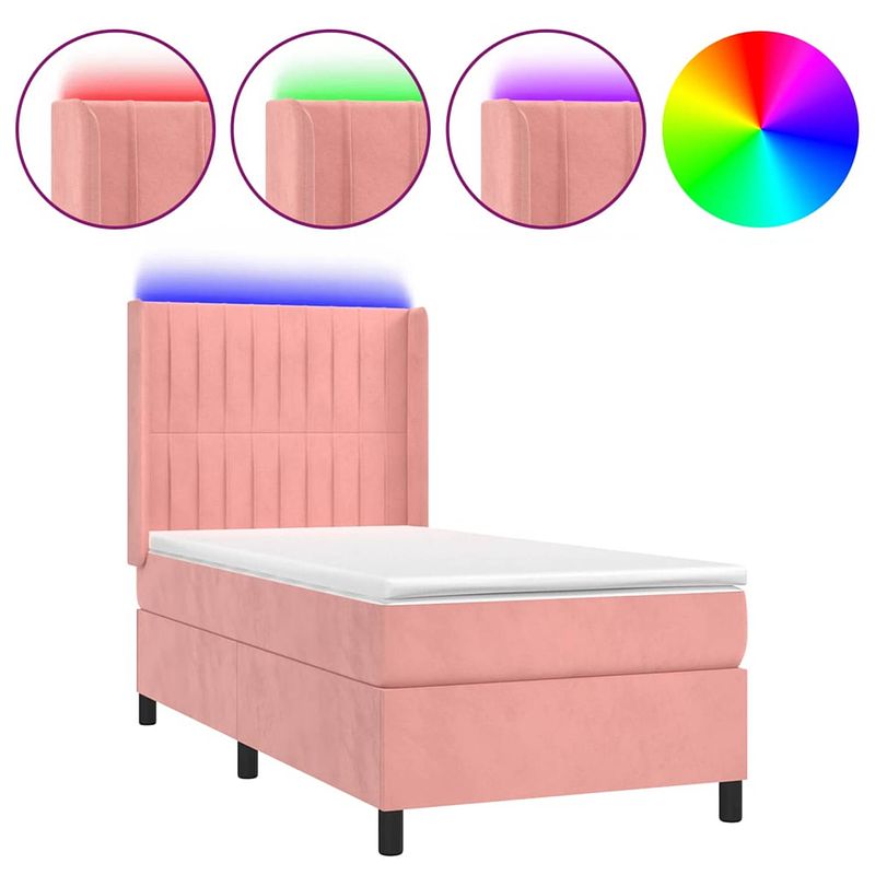 Foto van The living store boxspring bed - fluweel - led - pocketvering - topmatras - roze - 203x93x118/128 cm (lxbxh)