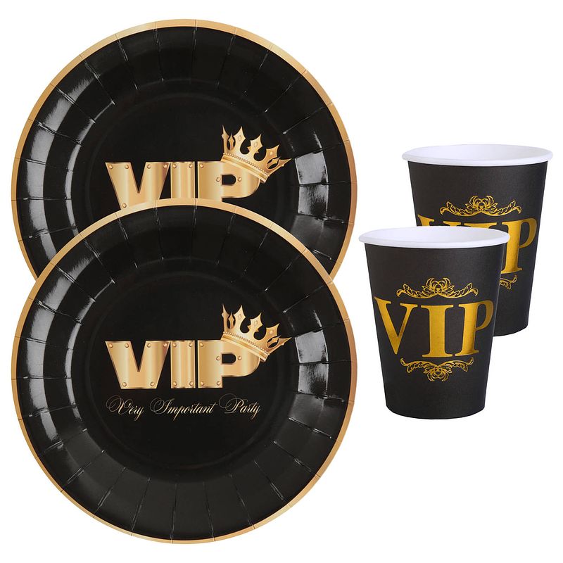 Foto van Vip feest wegwerp servies set - 10x bordjes / 10x bekers - zwart/goud - feestpakketten