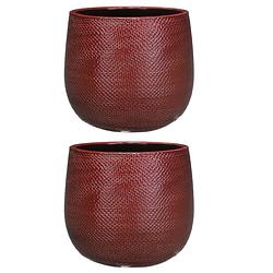 Foto van Set van 2x stuks bloempotten bordeaux rood ribbels keramiek voor kamerplant h19 x d21 cm - plantenpotten