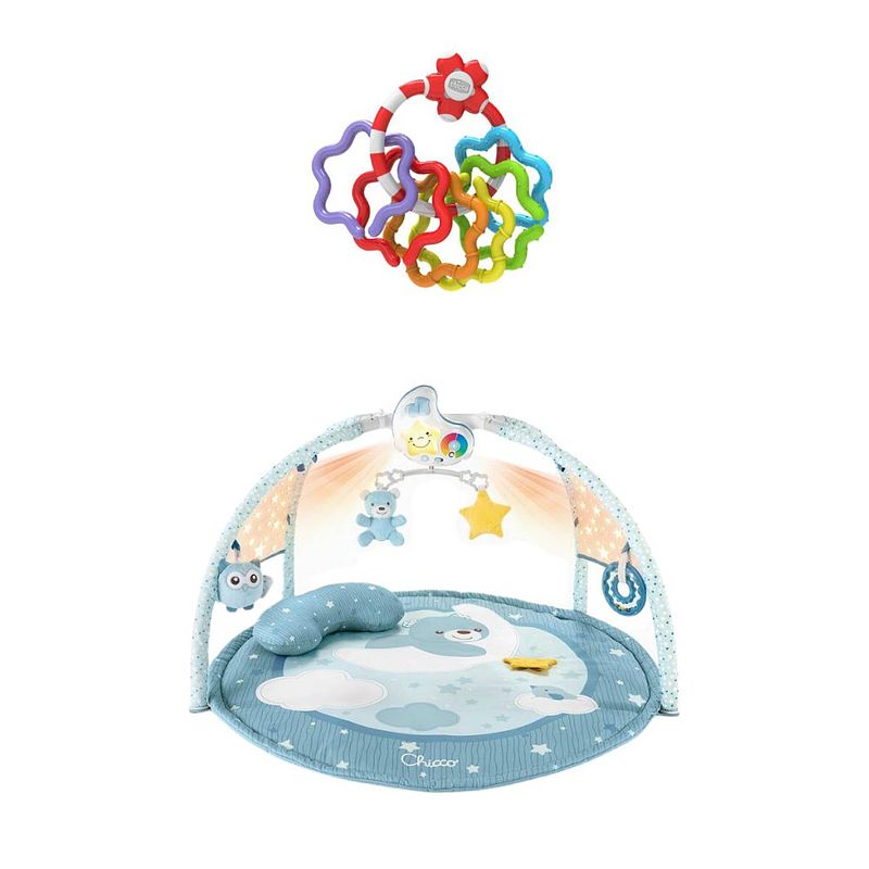 Foto van Chicco bundel - speelkleed - babygym kleurenplezier - blauw & rammelaar - regenboog speelringen