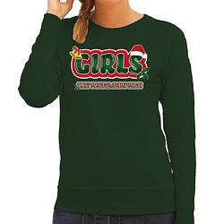 Foto van Bellatio decorations foute kersttrui/sweater voor dames - girls just wanna have wine - groen/rood s - kerst truien