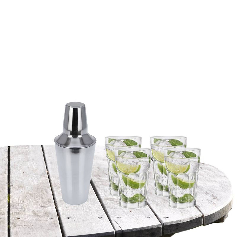 Foto van Cocktailshaker met 4x cocktailglazen mojito transparant 410 ml - cocktailglazen