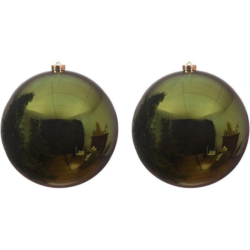 Foto van 2x grote raam/deur/kerstboom decoratie donkergroene kerstballen 20 cm glans - kerstbal