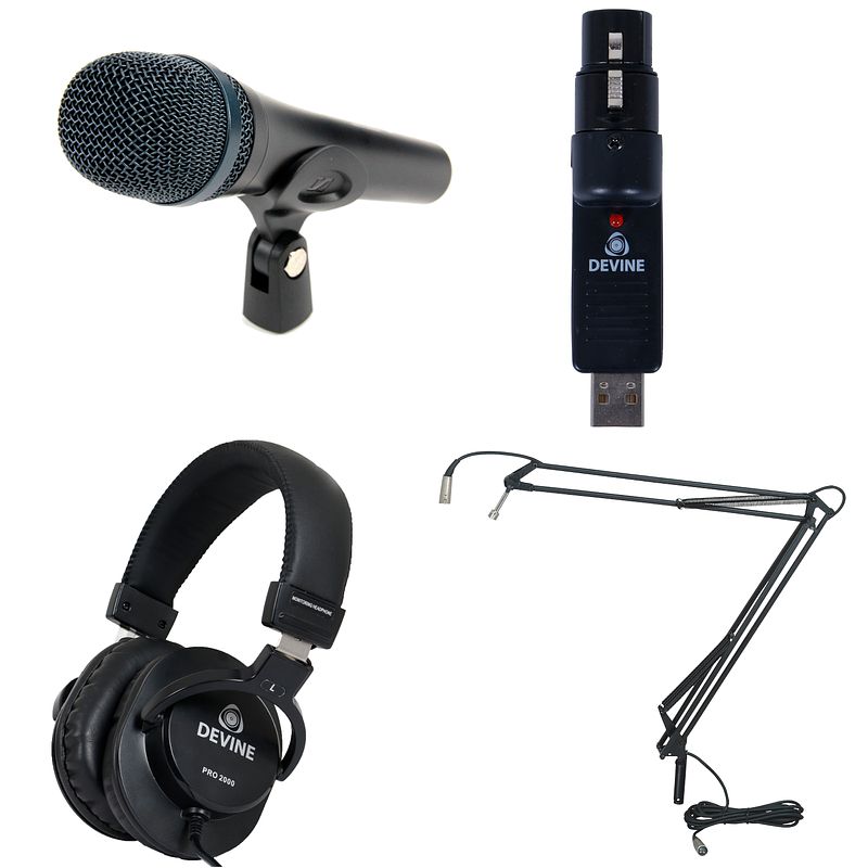 Foto van Sennheiser e 945 met usb converter, koptelefoon en broadcast arm