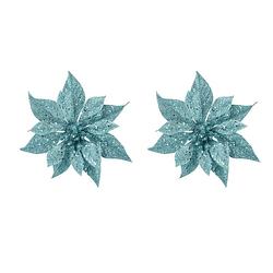 Foto van 2x stuks decoratie bloemen kerstster ijsblauw glitter op clip 18 cm - kersthangers