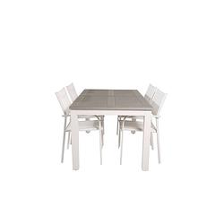 Foto van Albany tuinmeubelset tafel 90x152/210cm en 4 stoel santorini wit, grijs, crèmekleur.