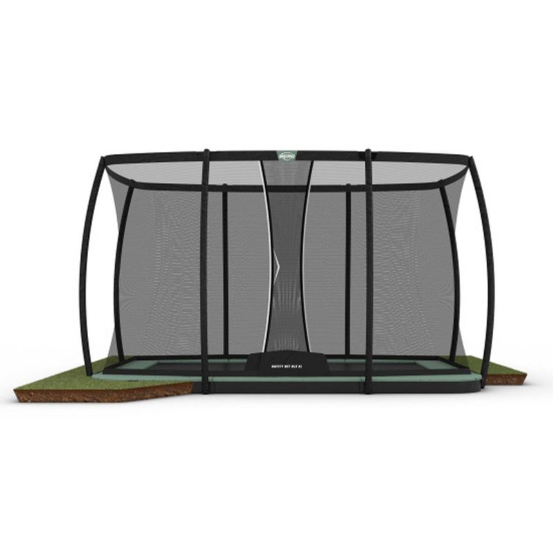 Foto van Berg trampoline ultim champion eco met veiligheidsnet - safetynet deluxe xl - flatground - 410 x 250 cm - groen